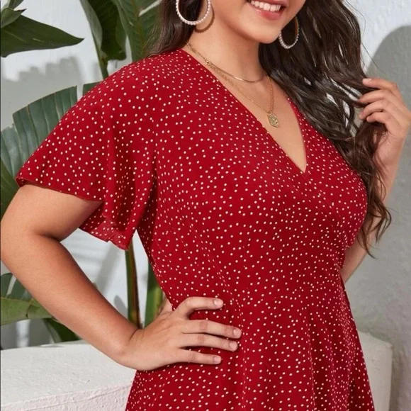 Boho plus size red polka dot ruffle hem size tie midi dress